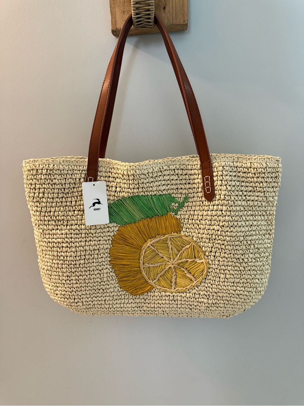 KORET Large Straw Tote Bag with Lemon Embroidery - Natural w Green & Yellow, NWT